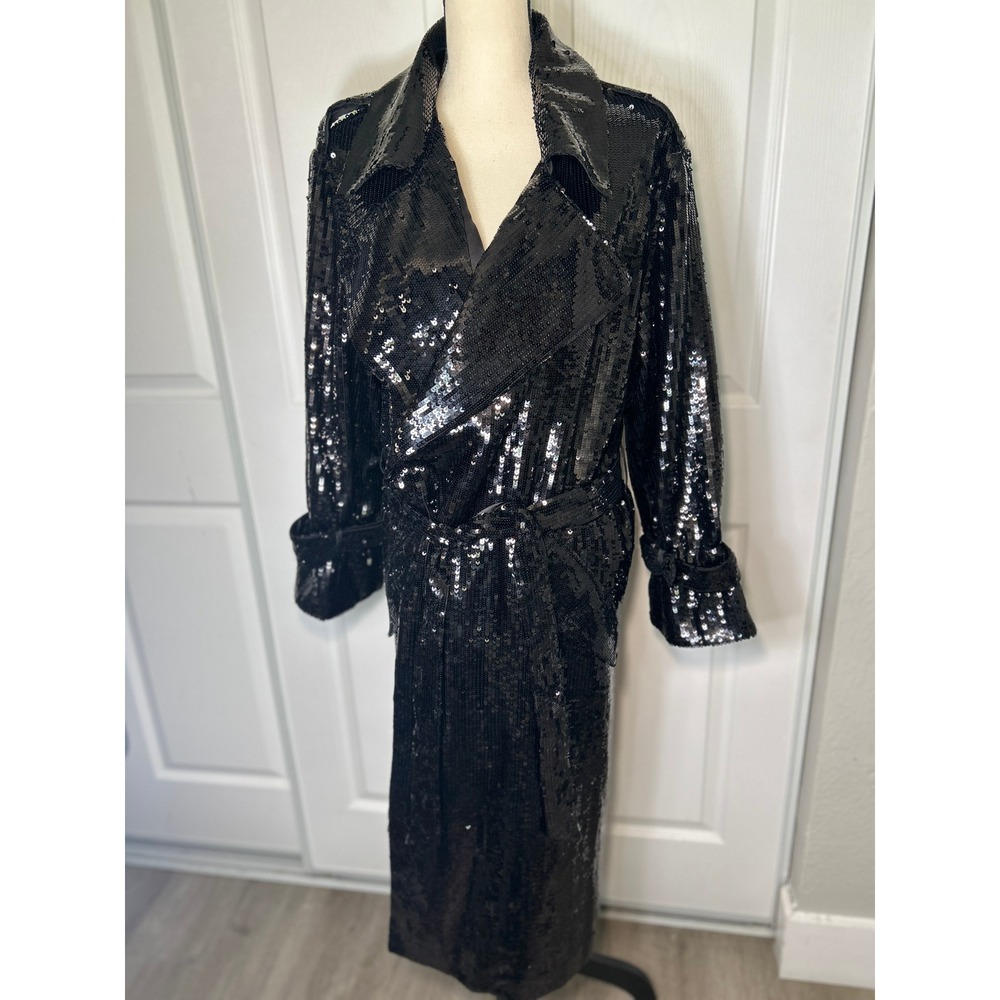Alice+Olivia Sequin Trench Coat Maxi Long Black Belted Evening Jacket XL NWT - Picture 2 of 11